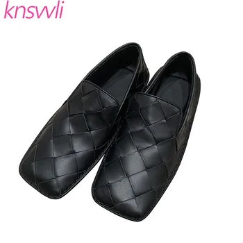 

Leather Braided Flat Heels Shoes Woman Square Toe Loafers Comfort Mules Shoes Black Weave Leisure Shoes Women Zapatos De Mujer