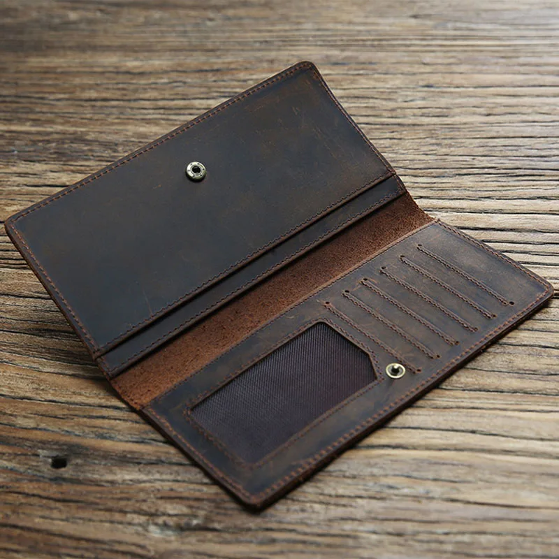 Thin Simple Money Clip for Men Crazy Horse Genuine Leather Holders for Checkbooks Vintage Leather Long Wallets Slim Billfold