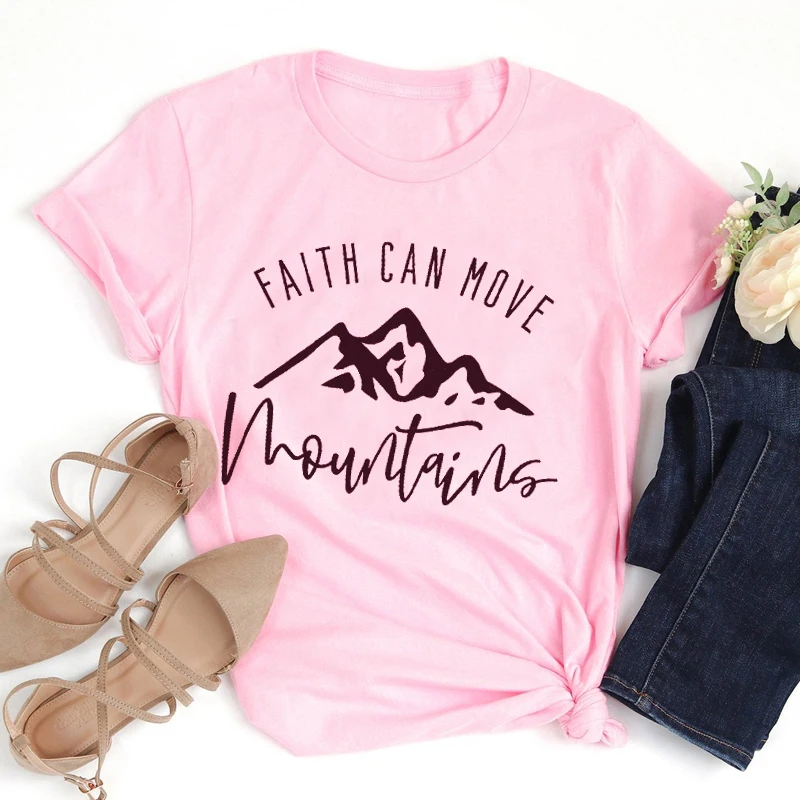 pink tee black text Футболка Faith Can Move HORUS стих из Христианской Библии гранж футболки tumblr хлопок религиозная одежда Графический винтажный Цитата Топы - Цвет: pink tee black text