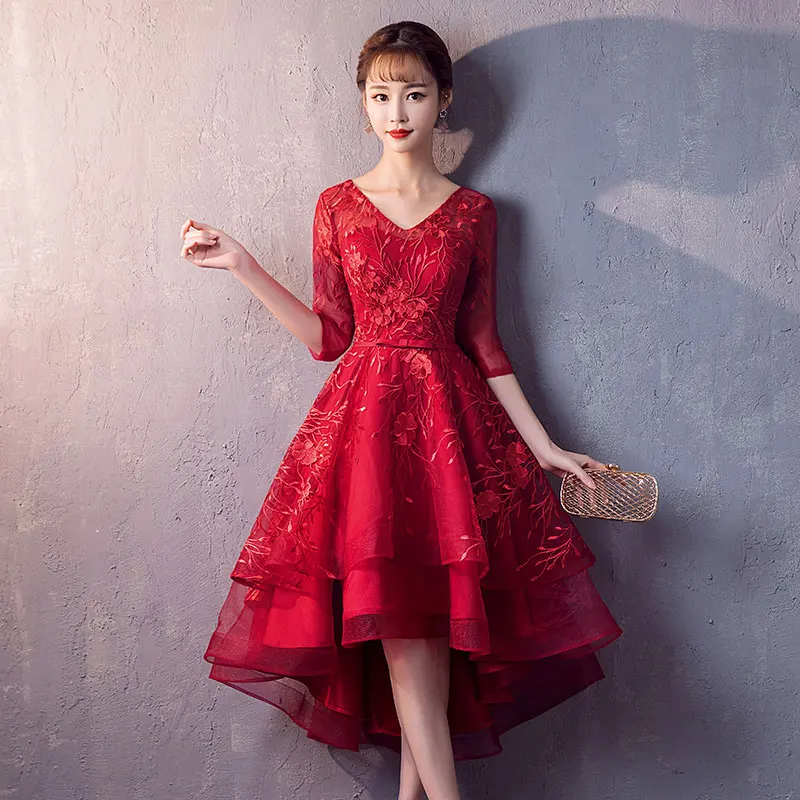 Винно-красные платья для выпускного вечера элегантные с v-образным вырезом короткие спереди длинные сзади кружевные платья для выпускного вечера с рукавами 3/4 - Цвет: wine red