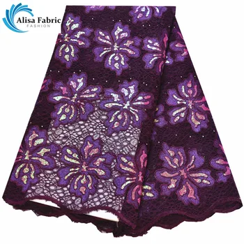 

Latest Purple Sequins Design French Lace Fabrics High Quality African Mesh Lace Fabric With Embroidery And Stones For Prom dress
