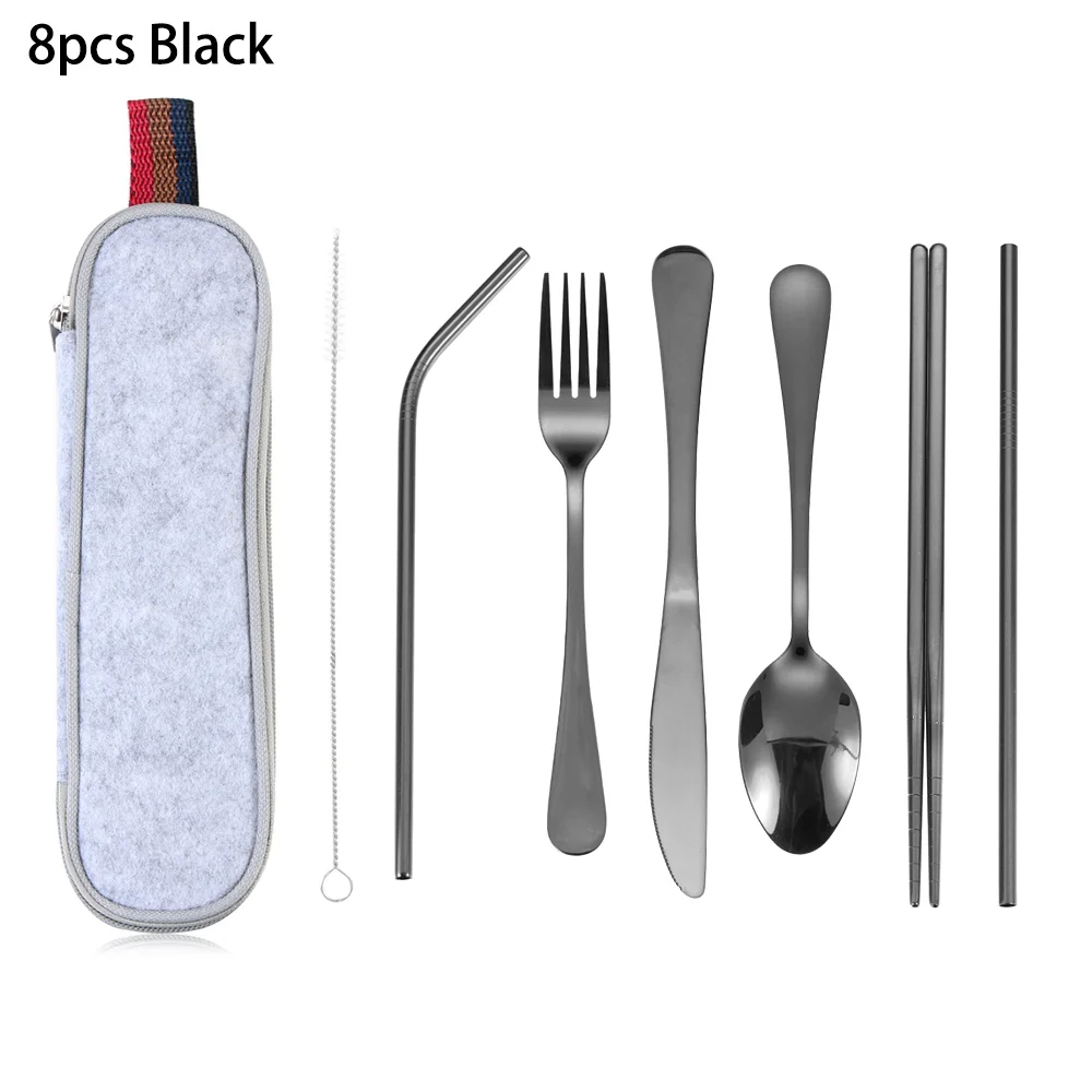 8pcs Black 8 шт./компл. Нержавеющая сталь многоразовый набор столовых приборов соломы, ложки, вилки, палочки дозирующая детская ложка для столовая посуда для кемпинга на открытом воздухе путешествие Lunch набор посуды - Цвет: 8pcs Black