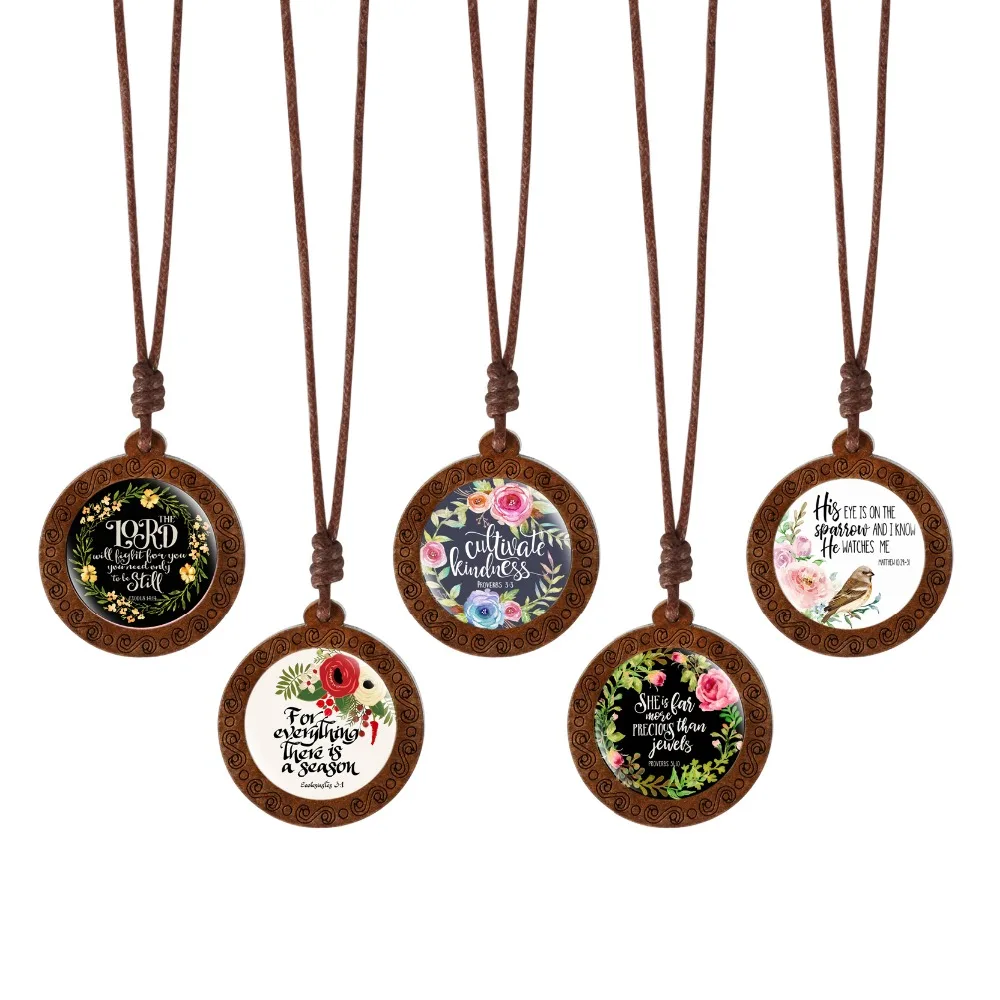 Bible Verse Jewelry Glass Cabochon Necklace Round Wood Pendant Design Wax Rope Chain Best Gift | Украшения и аксессуары