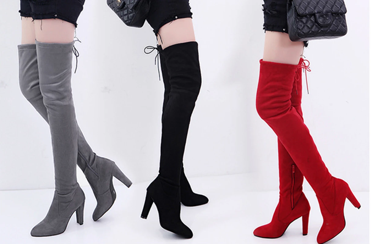 Women's Spring Autumn New Fashion Side Zipper Long Boots Were Thin High-heeled Thick Suede Over-the-knee Black Gray Shoes
