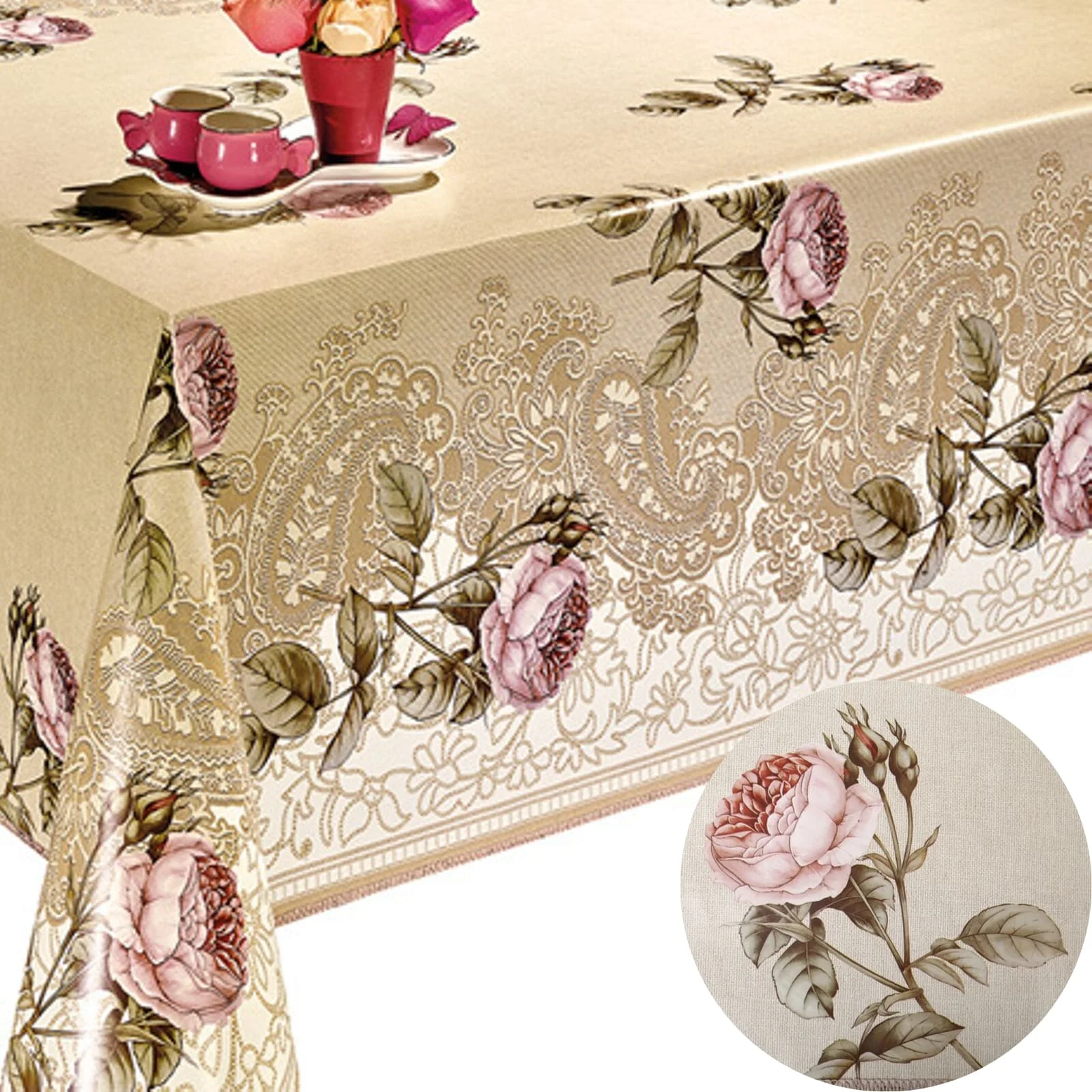 Decoser Heavy Duty Flannel Backed Vinyl Tablecloth with Backing Waterproof PVC 55x55 inch Rectangle Beige Table Cover | Дом и сад