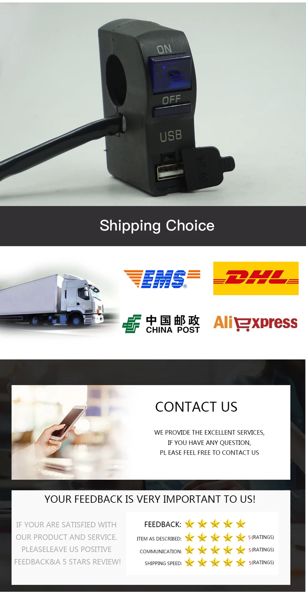 Universal 22mm 7/8" Motorcycle Handlebar Switch Start Flameout ON OFF Button With USB LED Charger 5 Wire Connector