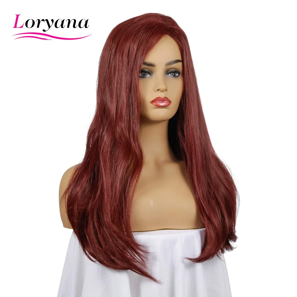 Pelucas rectas de 26 pulgadas de largo, pelucas rectas de color vino tinto a la moda para mujeres negras, pelucas de pelo sintético largas, parte lateral resistente al calor