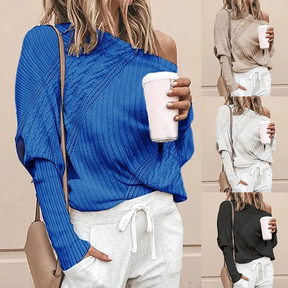 

Off Shoulder Sweater Sexy Women Knitted Twist Long Sleeve Jumper Winter Warm Slash Neck Sweaters Ladies Knitwear Casual Pullover
