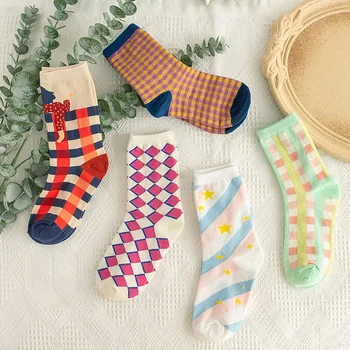 

2020 Women's Socks Korean version of the college style cute Socks plaid Middle Tube Cotton Socks