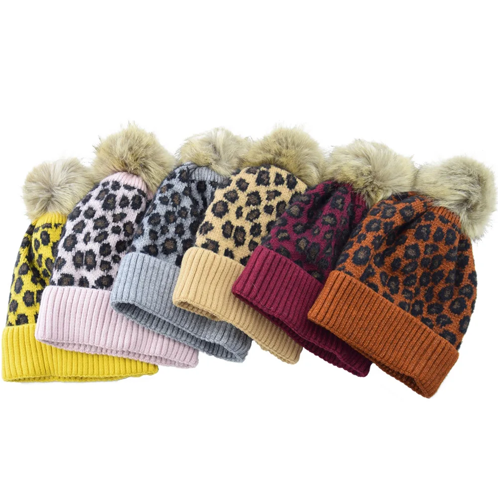 

2Pcs/Set Crochet Knitted Leopard Hat For Baby Mother Pompom Detachable Ear Warmer Cap Winter Parent-Child Hair Accessories