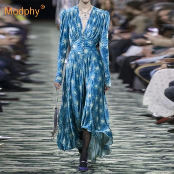 

Fashion Show Designer Style Winter 2019 Dress Sexy Celebrity Button Print V-Neck Elegant Woman Long-Sleeved Fashion Party Dress