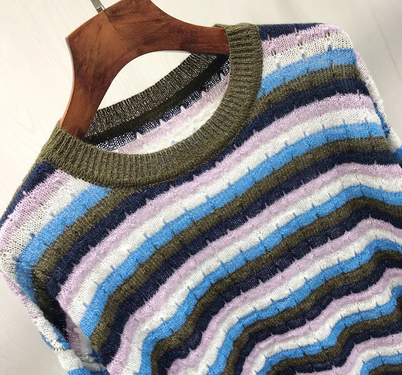 Женский свитер Свободный Тонкий полосатый контрастный круглый вырез длинный рукав вязаный свитер