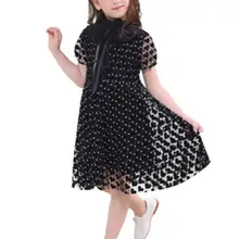 Платье Для Девочек Летние черные кружевные платья с короткими рукавами для девочек, От 6 до 16 лет Детское платье для принцессы в Корейском стиле Одежда для девочек