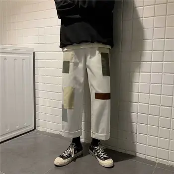 

2020 Spring And Autumn New Youth Popular Chic Stitching Patch Overalls Fashion Casual Male Straight Pants Gray / Black