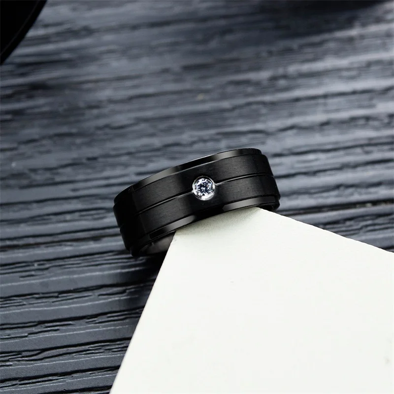AZIZ BEKKAOUI Black Engrave Name Stainless Steel Rings for Men DIY Wide Crystal Ring Male Finger Rings Gift