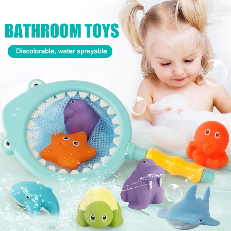 Bath Toy Fishing Floating Squirts Toy and Water Fish Net Bathtub Bathroom Pool Bath S7JN