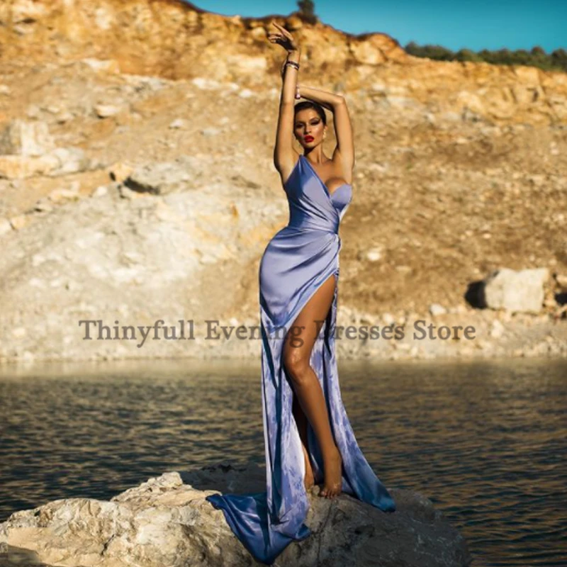 

Thinyfull Sexy Evening Dresses One Shoulder Satin High Split Prom Dress Lavender Party Cocktail Gowns Formal Saudi Arabia Dubai