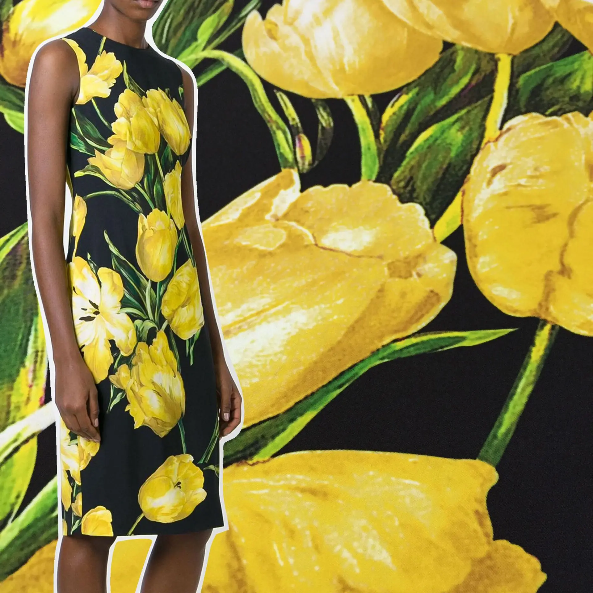 

Yellow Tulip Printed Fabric Hand-painted Cloth Fabrics by the Meter for Dresses Shirts Diy Sewing Material Cloth