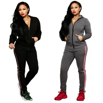 

2019 new long sleeve women's autumn and winter sports suit leisure two piece fashion splicing technology black Hooded Coat