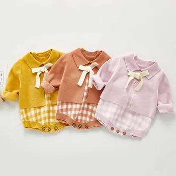 

Baby Girls Knitted Bodysuit Suit Long Sleeve Tops Autumn Winter Cardigan Sweater Plaid Knitted Bodysuits Bow Collar Clothing Set