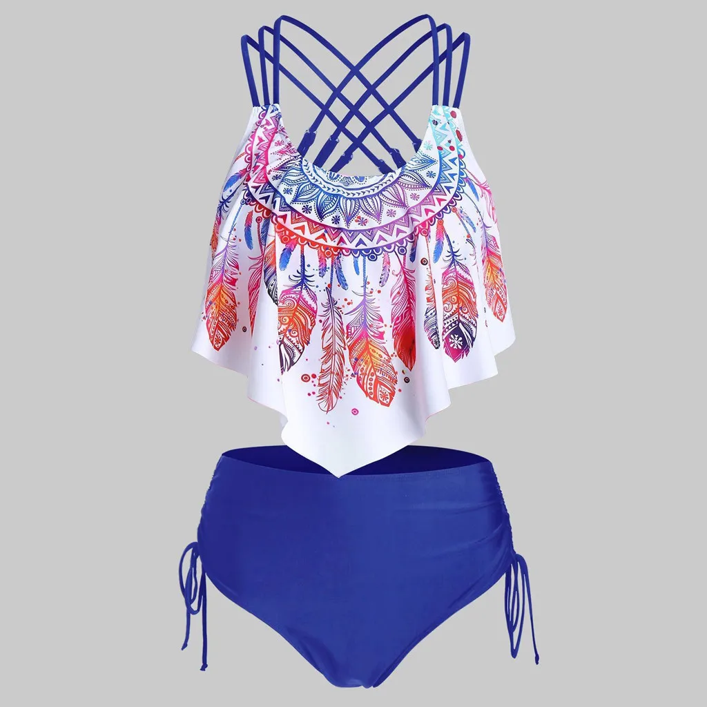 Swimwear Woman Bikini Swimsuit Feather Print Push-Up Padded Overlay Flounce Crisscross High Waist Bikini Tankini Swimwear