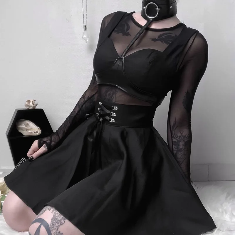 Black Dark Lolita Goth Woman Pleated Skirts 2020 Lady Back Zipper High Waist Bandage Lace-up Bow Punk Gothic Hipster Mini Skirt