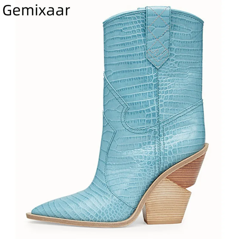 

New Coming Boots Woman Pointy Toe Slip On Ladies Walking Footwear Multy Colors Chunky Square High Heel Fashion Boots Woman Mujer