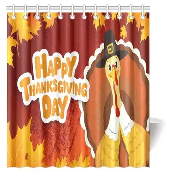 

Happy Thanksgiving Day Shower Curtain Set Turkey Bath Curtain Waterproof Fabric Bathroom Decor with Hooks,