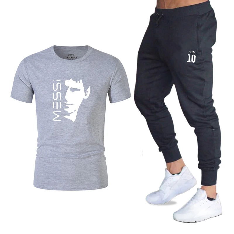 light gray Двухсекционный спортивный костюм, летние мужские комплекты, модный костюм, мужской костюм для фитнеса, быстросохнущие штаны для фитнеса с круглым вырезом, модная спортивная одежда с принтом - Цвет: light gray