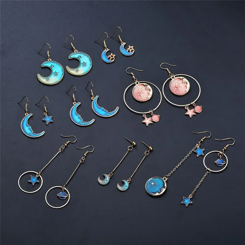 

New Korean Earrings Blue Star Moon Long Drop Earrings For Women Asymmetric Round Planet Dangle Earrings Jewelry brincos Gift