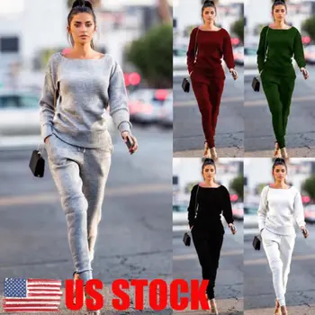 

2Pcs Women's Solid Tracksuit Hoodies Sweatshirt+Long Pants Sets Sport Wear Casual Suit Sets