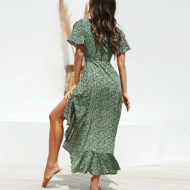 Женское летнее платье леди поступление v-образный вырез короткий рукав цветочный узор Сплит макси платье в богемном стиле, большого размера Стиль