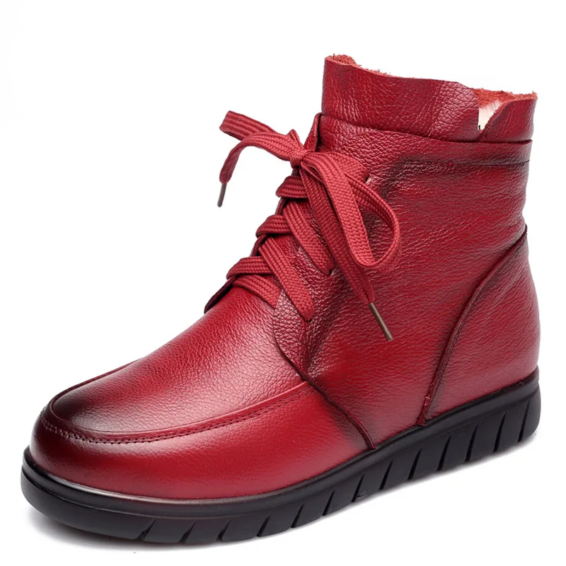 

BONJEAN 2019 Women Snow Boots Vintage Genuine Leather Natural Wool Fur Winter Warm Ankle Boots For Women Flat Mother Shoes