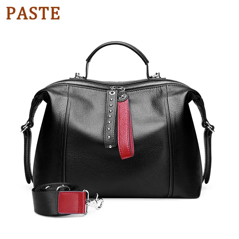 

PASTE Luxury Designer Women Handbag Real Cow Leather Vintage Boston Casual Tote Lady Shoulder Messenger Bag Rivets Black Purse