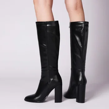 

women knee high boots autumn winter women shoes high heel tall boots sewing thick heel ladies zipper boots new black red big siz