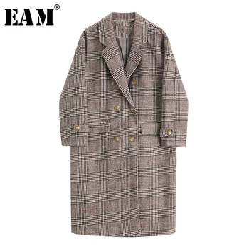 

[EAM] Loose Fit Plaid Brief Pocket Big Size Woolen Coat Parkas New Long Sleeve Women Fashion Tide Autumn Winter 2020 1X746