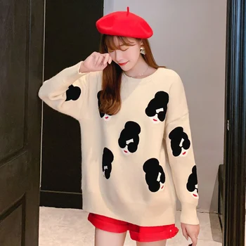 

Women's Sweaters Winter Knitted O-Neck Print Cartoon Human Avatar Loose Female Pullovers 2020 Spring Warm School Ladies Sweater