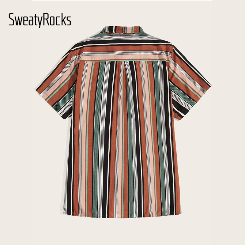SweatyRocks Мужская рубашка в полоску с цветным блоком уличный с короткими рукавами рубашка на пуговицах модная повседневная мужская рубашка