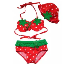 Милый купальный костюм для маленьких девочек с рисунком клубники из двух предметов; детский купальник с шапочкой; одежда для купания для маленьких девочек; детский купальник-бикини; SA-8