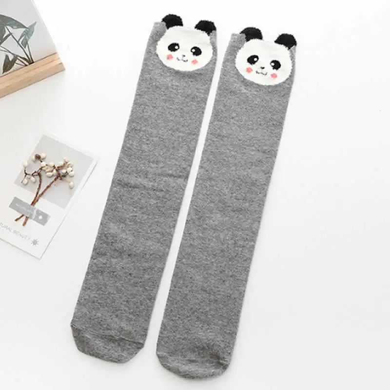 Осенние детские носки хлопковые Гольфы с рисунком кота, носки с ушками для девочек, прямые детские гольфы с рисунком кота и лисы - Цвет: Gray panda