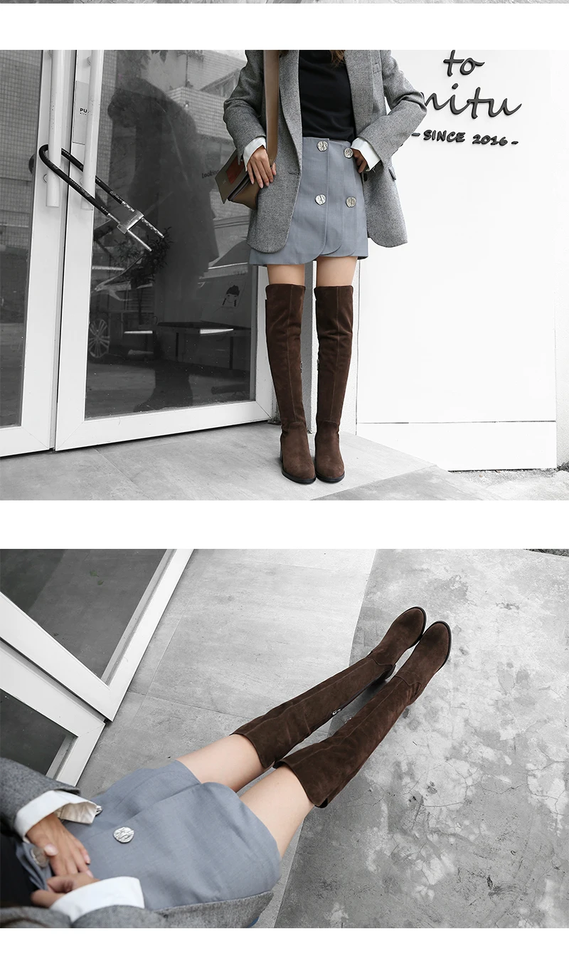 VALLU/высокие сапоги; Новинка года; дизайнерские женские ботинки из нубука; женские зимние теплые сапоги выше колена на блочном каблуке