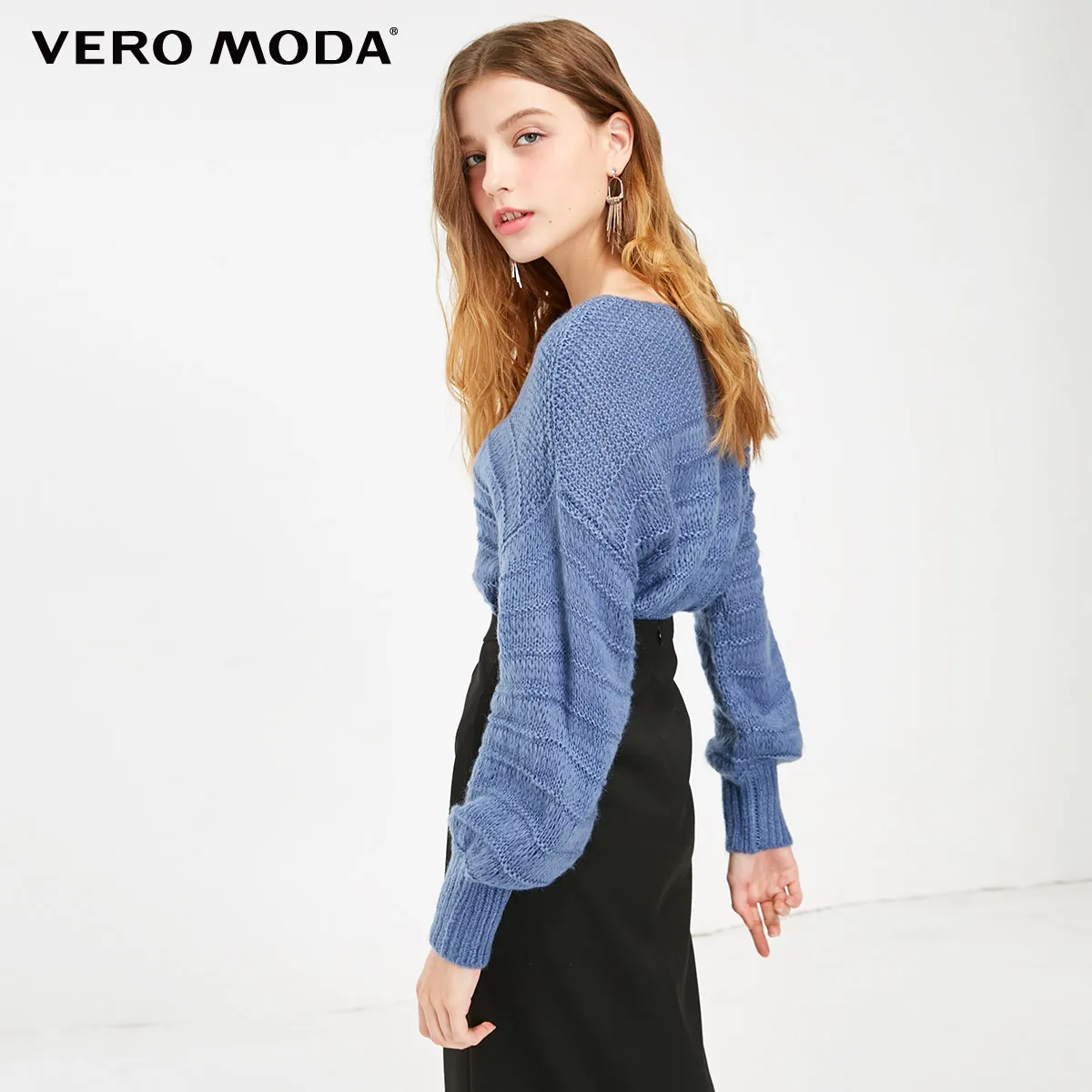 Vero Moda новые женские с заниженным плечом Воздушные рукава грубая вязка | 319113508 - Цвет: Bijou blue