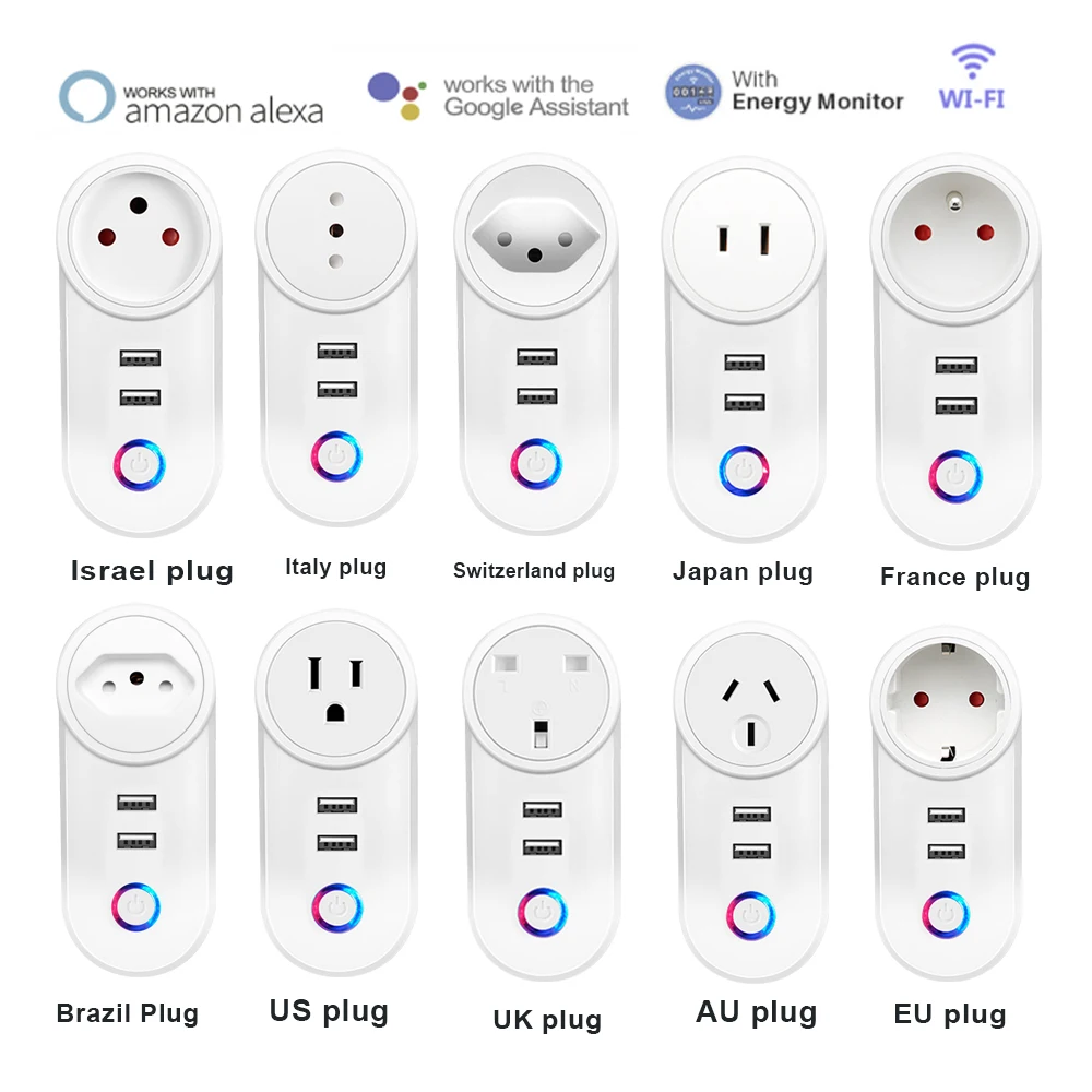 US EU UK AU Israel Brazil WIFI Smart Socket Plug Mini Plug with USB Smart Remote Control Timer Plug support Alexa Google 10A 16A