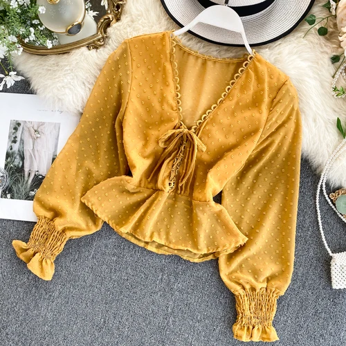 yellow Neploe элегантная шикарная блузка с рюшами, тонкая талия, на шнуровке, в горошек, шикарная блузка, осень-весна, v-образный вырез, шифоновая рубашка с длинным рукавом, праздничная 47893 - Color: yellow