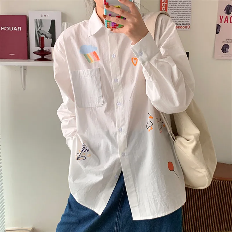 

Fashion Cartoon Print White Cotton Shirt Women Casual Autumn Spring Long Sleeve Blouse With Pocket Single Breasted Women Tops