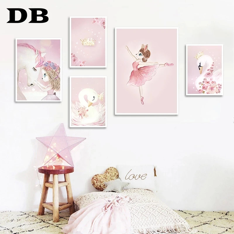 Pink Nursery Girl Flower Wall Art Canvas Painting Horse Swan Nordic Posters And Prints Pictures For Living Room Kids | Дом и сад