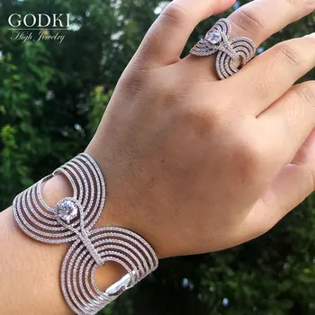 

GODKI Trendy Luxury Crossover Statement Bangle Cuff Ring Sets Jewelry Set For Women Wedding Cubic ZirconIA Dubai Party Bracelet