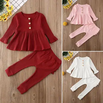 

Kids Baby Girl Spring Autumn Clothes Set Long Sleeve Knitted Solid Tops Ruffle Leggings Pants Outfit Set 6-24Months