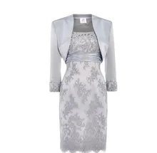 Elegant Silver Lace Mother of the Bride Dresses Knee Length Plus Size Two Pieces Set with Little Jacket Formal Party Dress