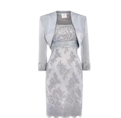 Elegant Silver Lace Mother of the Bride Dresses Knee Length Plus Size Two Pieces Set with Little Jacket Formal Party Dress